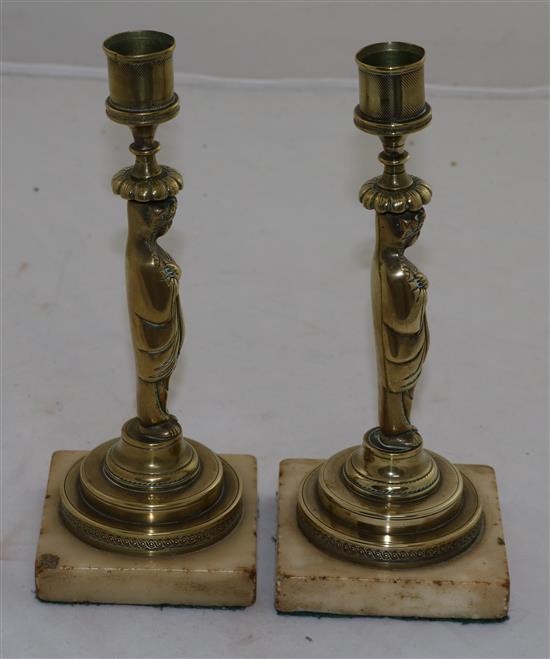 A pair of 19th century French brass candlesticks, 8.5in.